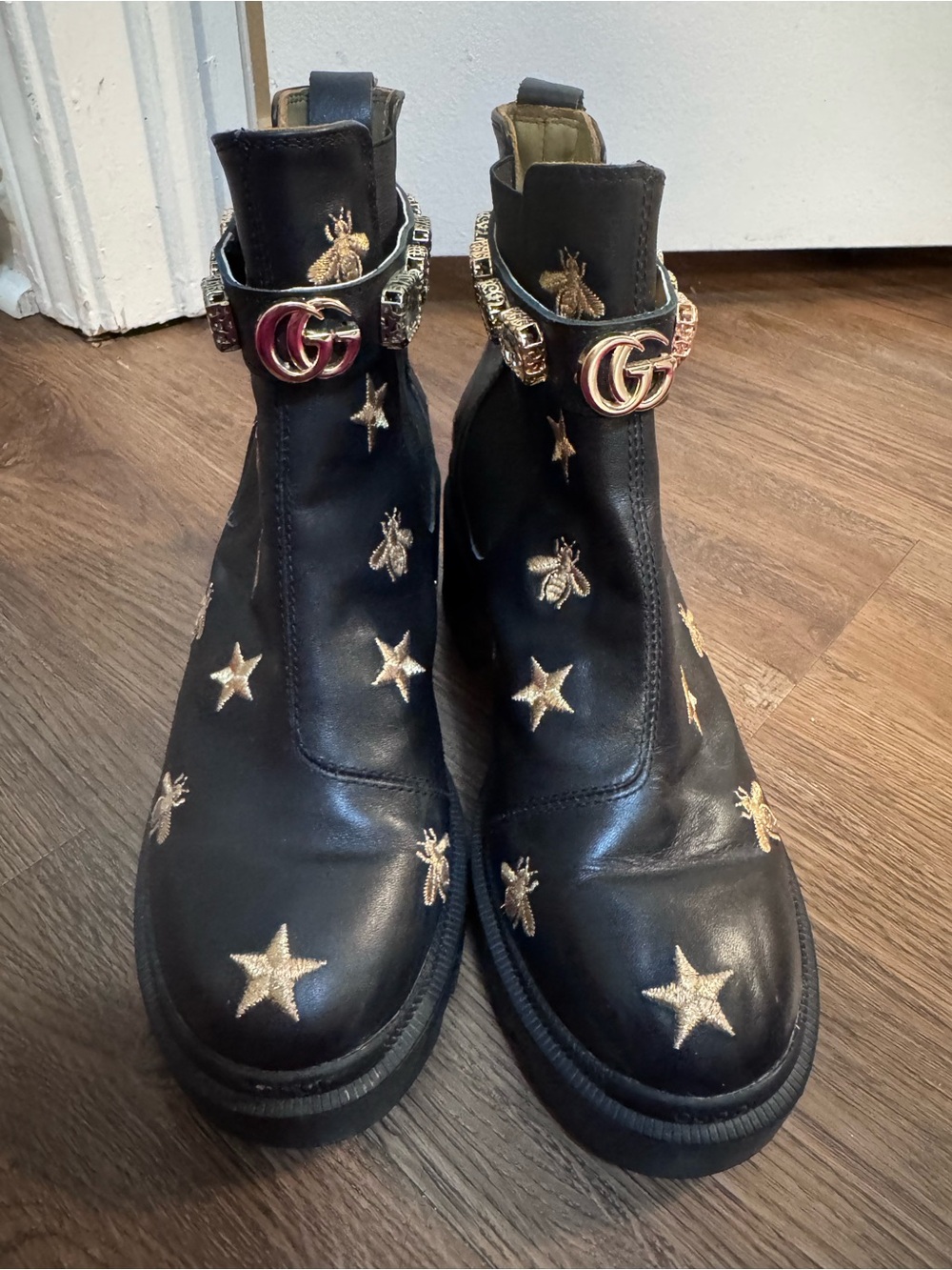 Gucci Black Leather Ankle Boots with Gold Bee & Star Embroidery